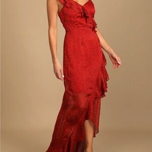 Lulu's Red Asymmetrical Ruched Gown for Wedding Guest Size Medium